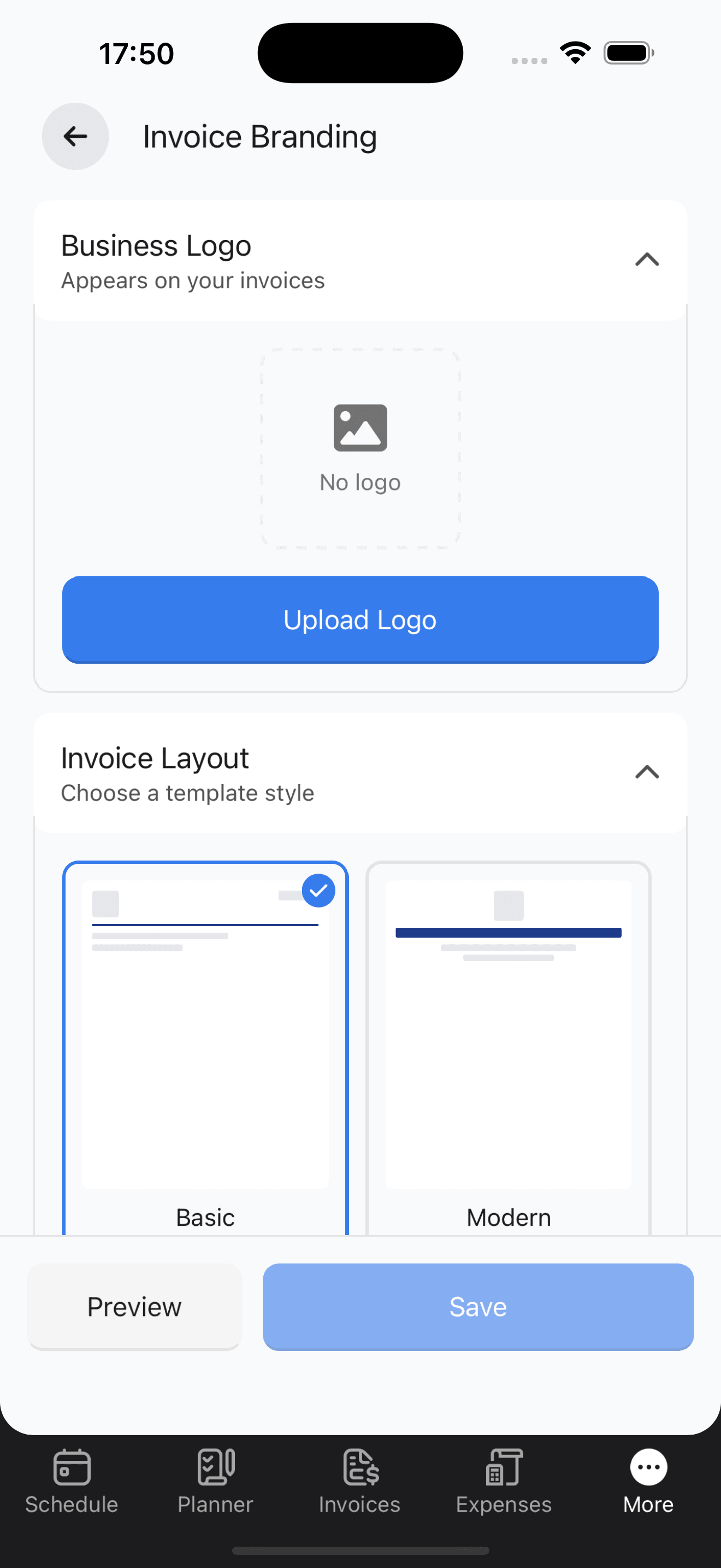 Invoice Branding settings showing logo upload area, and invoice layout templates with Basic and Modern styles
