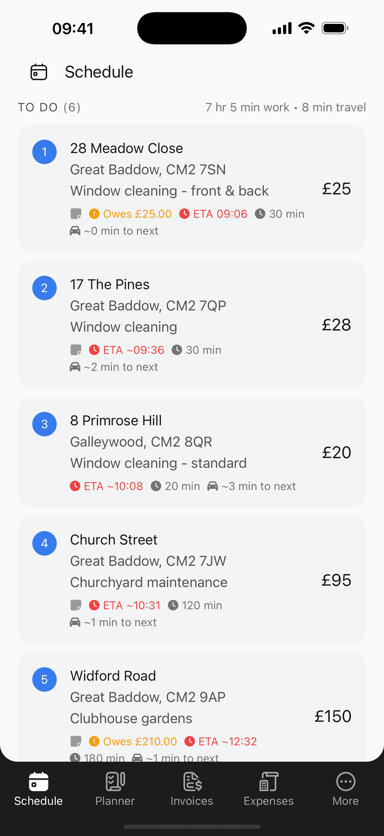 Schedule with live ETA times, travel durations, and outstanding balance warnings
