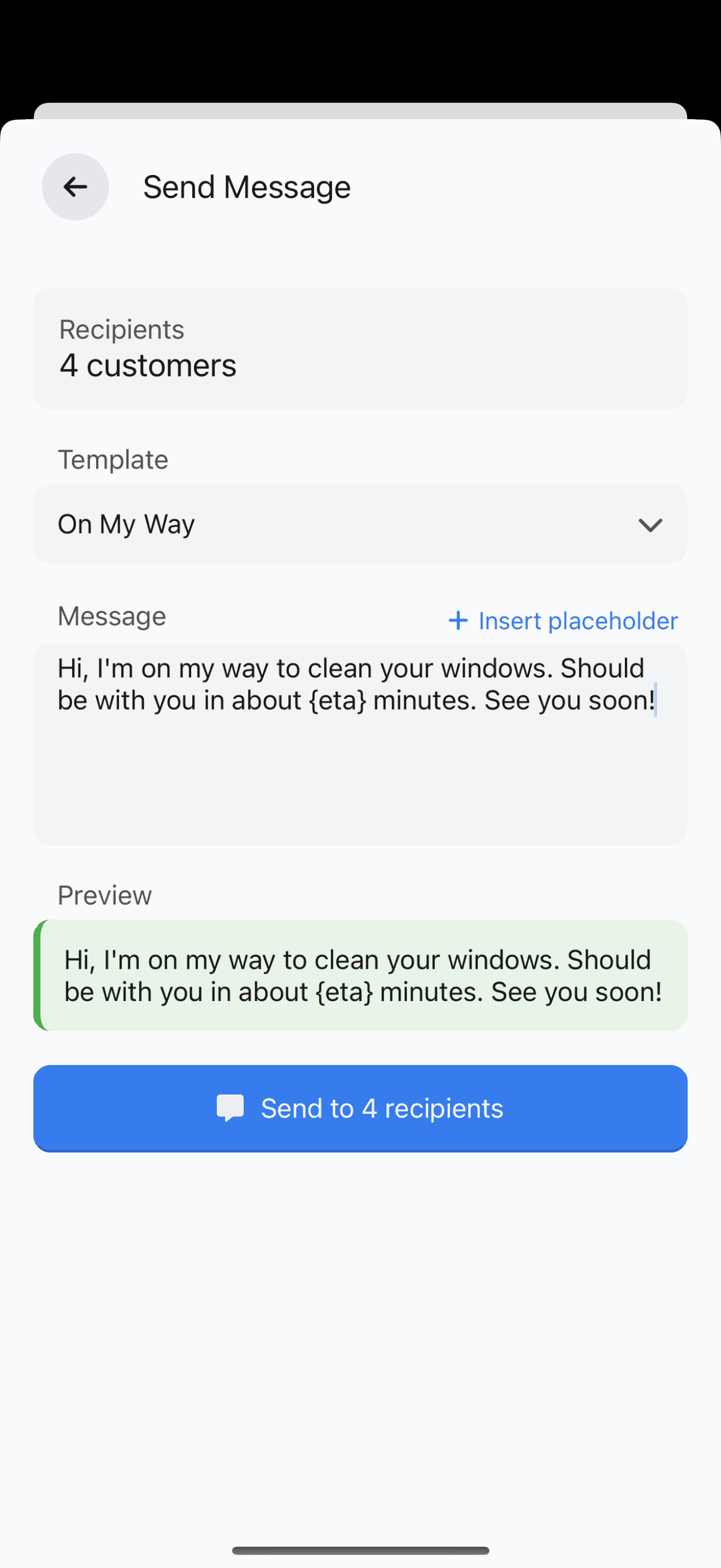 Send Message screen showing customers selected with On My Way template