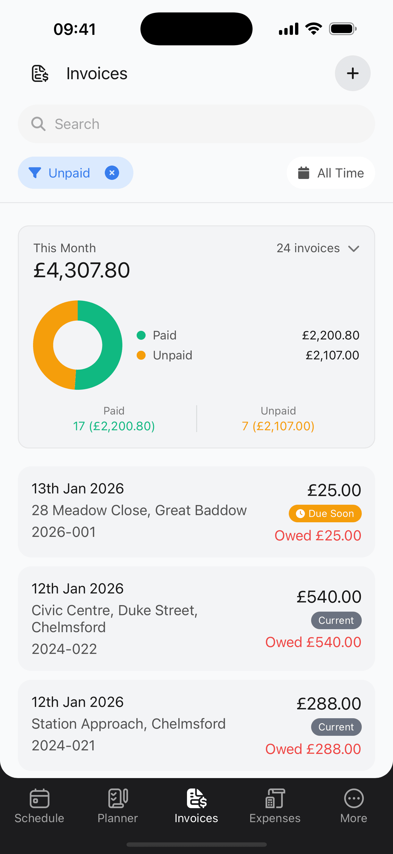 Invoices screen showing £4,307 this month with paid/unpaid pie chart, 17 paid and 7 unpaid invoices listed