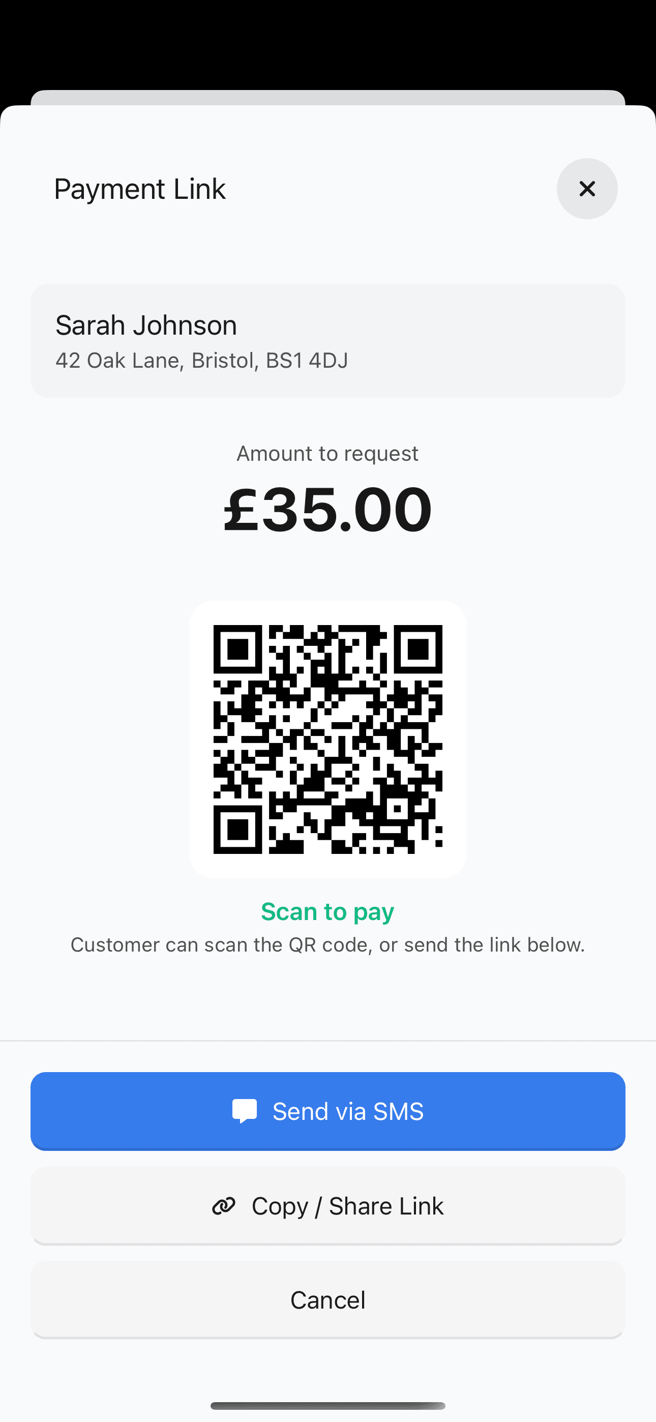 Payment link QR code for instant customer payment