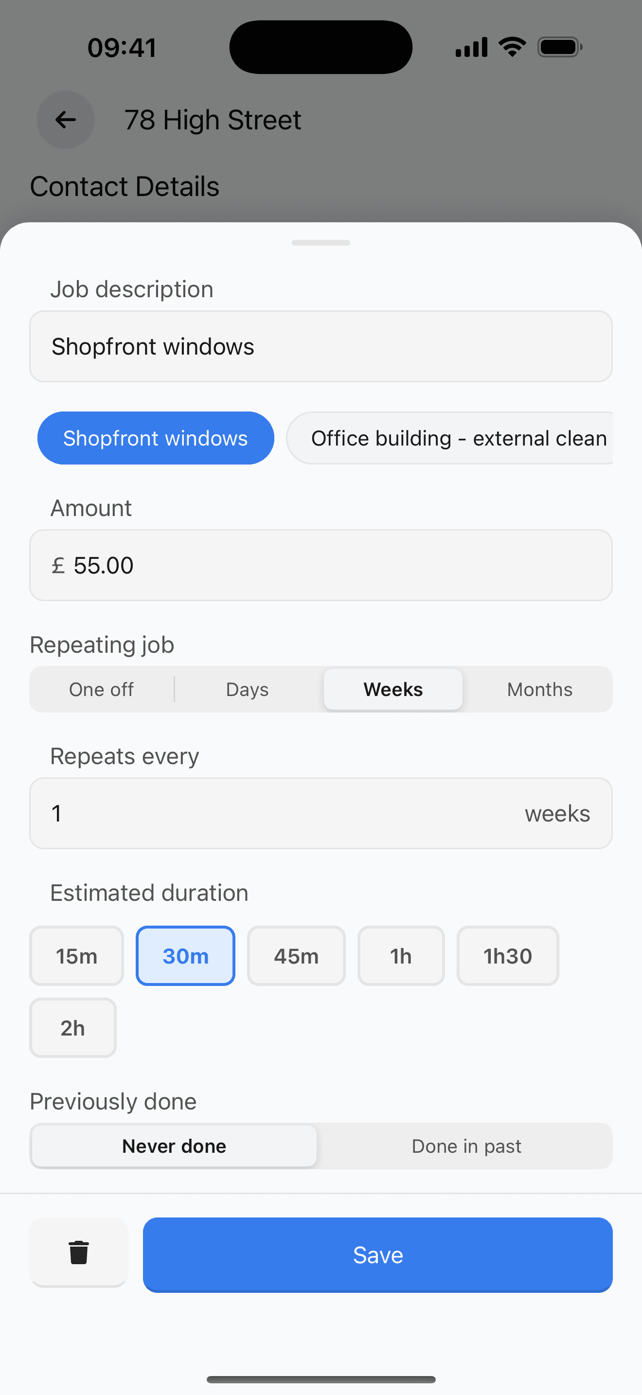 Job creation form with weekly recurring option, amount, and duration selector