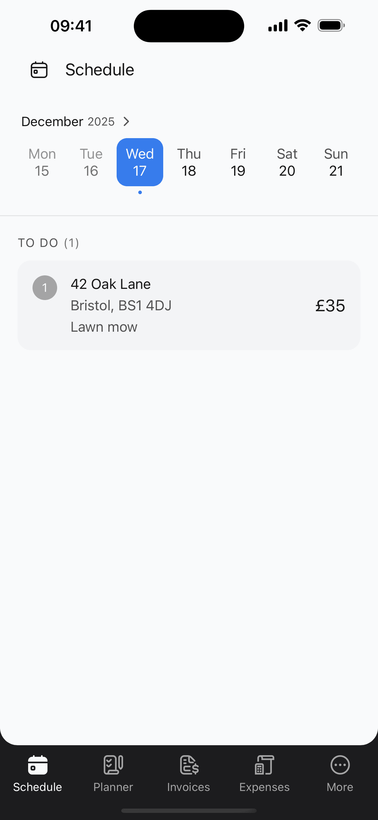Schedule tab showing today's scheduled jobs with customer address and price