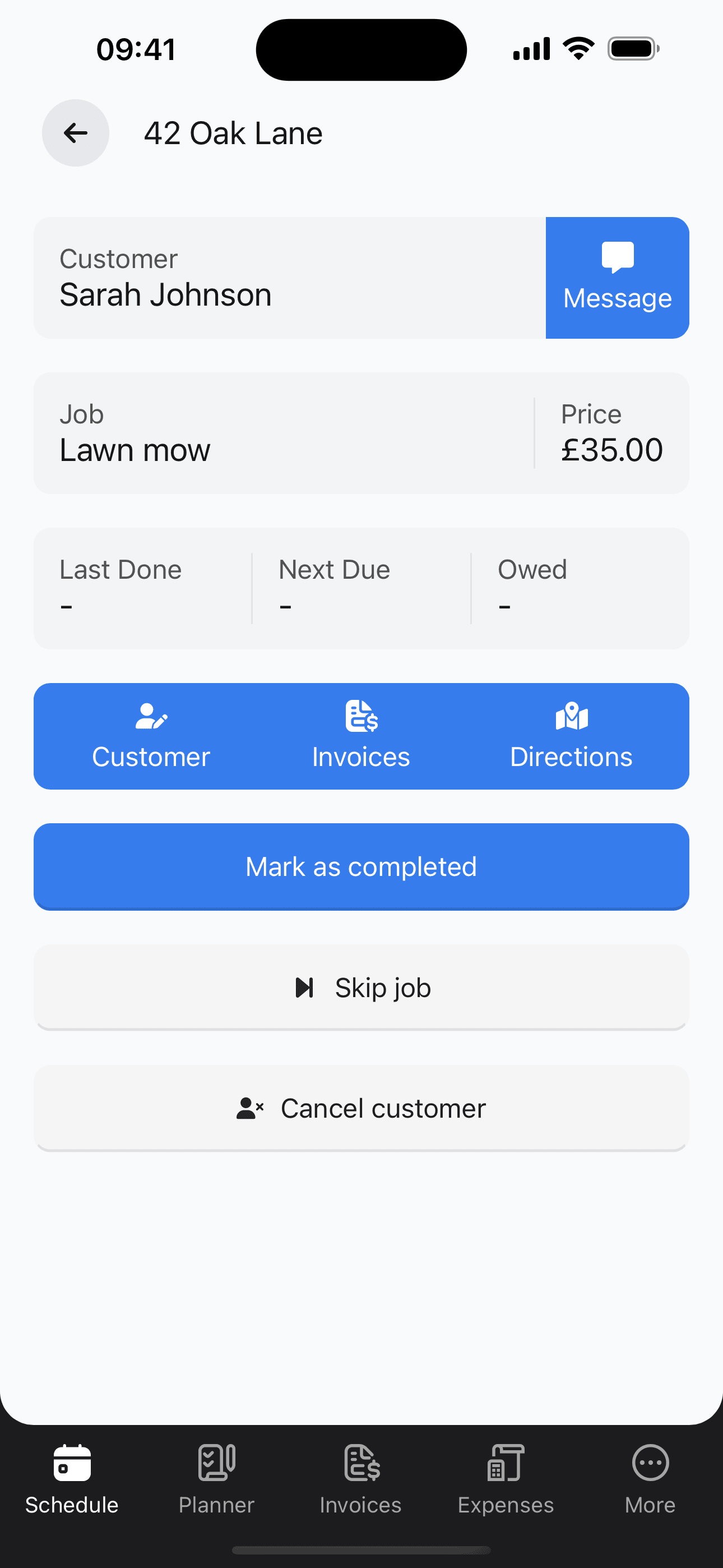 Job detail screen with Mark as completed button and customer actions