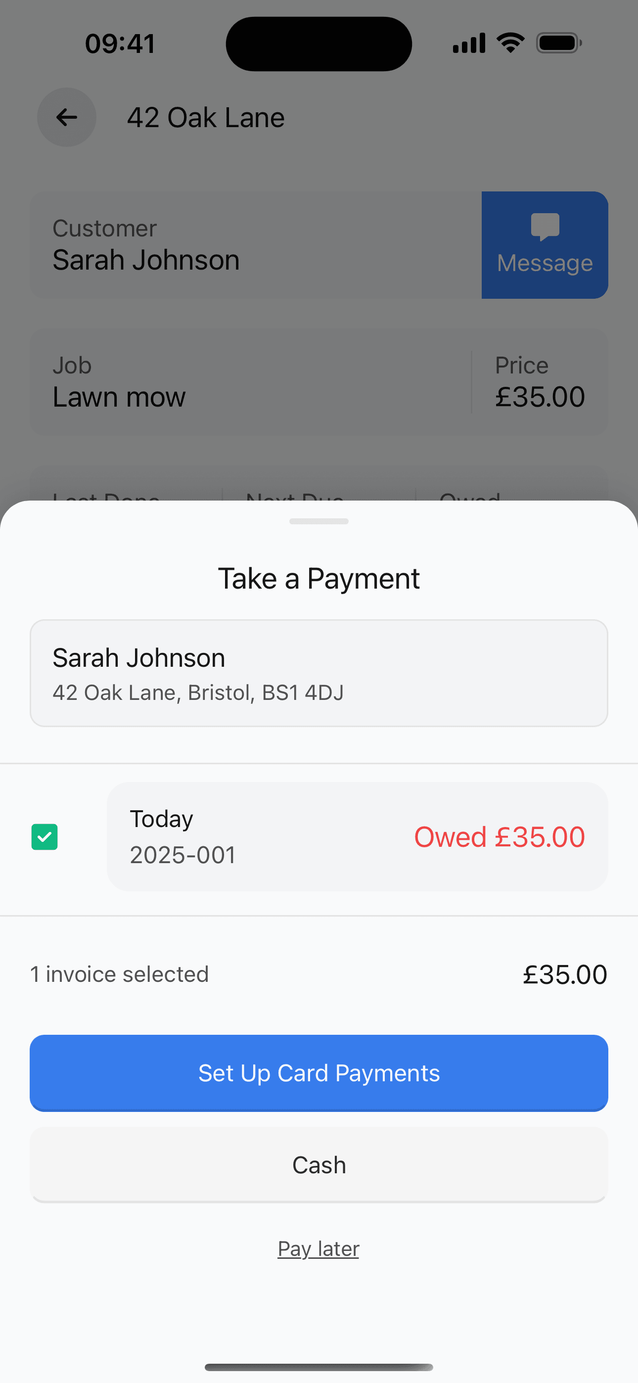 Take a Payment screen showing invoice selection and payment options